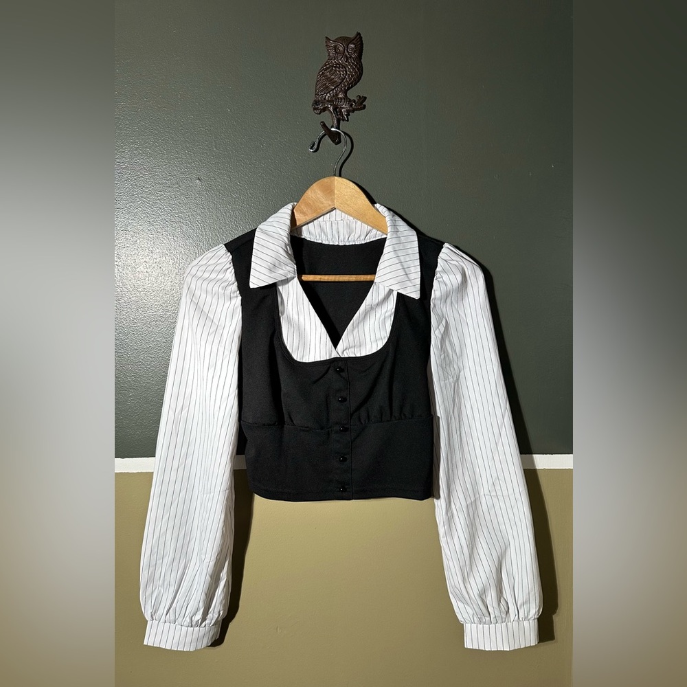 Black and White Striped Blouse with Vest
